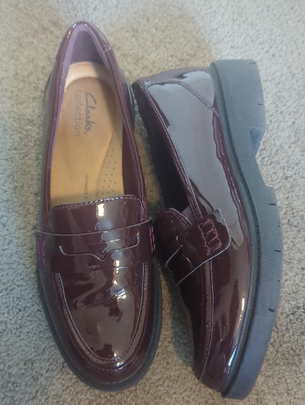 Clarks Burgundy Patent Leather Penny Loafers